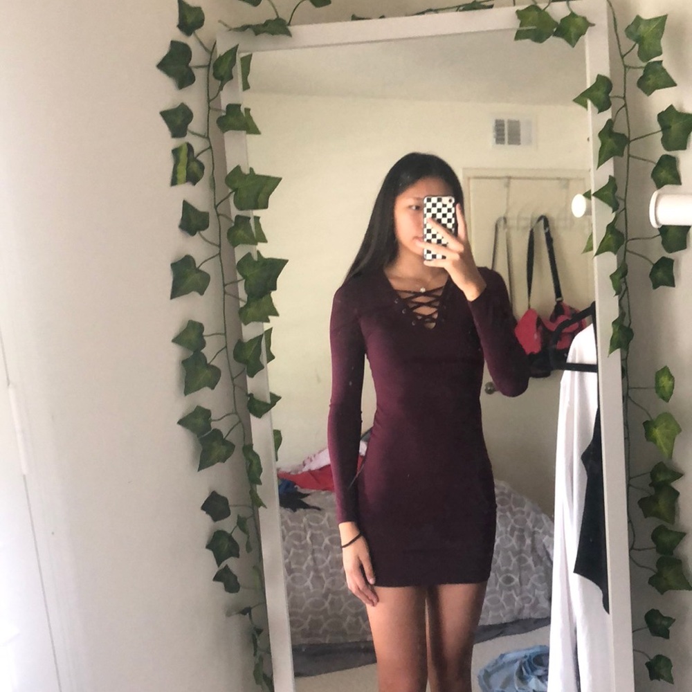 Burgundy Maroon Bodycon Dress with Lace up